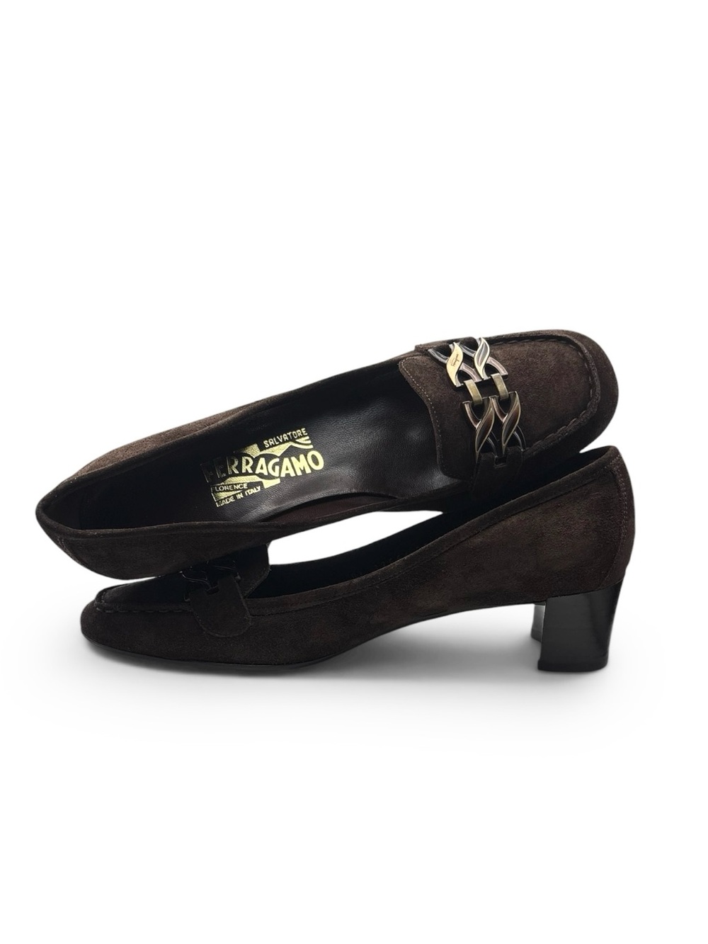 Salvatore Ferragamo Vintage Dark Brown Suede Low Heel Loafers W/ Metal Detail